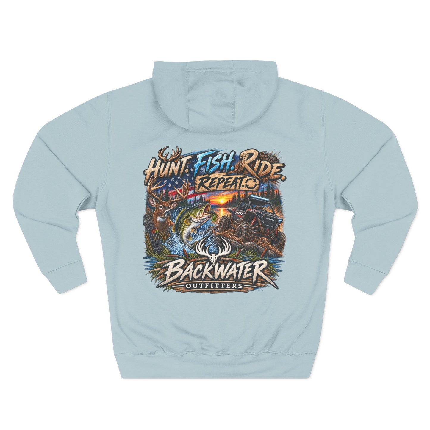Backwater Outfitters Hoodie — "Hunt Fish Ride Repeat" Outdoor Graphic Pullover