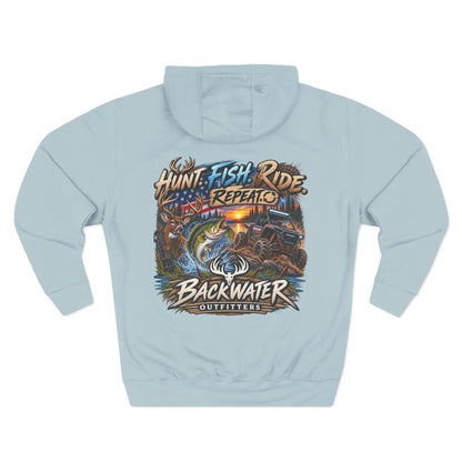 Backwater Outfitters Hoodie — "Hunt Fish Ride Repeat" Outdoor Graphic Pullover