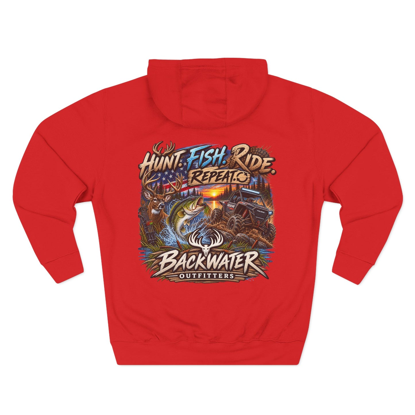 Backwater Outfitters Hoodie — "Hunt Fish Ride Repeat" Outdoor Graphic Pullover