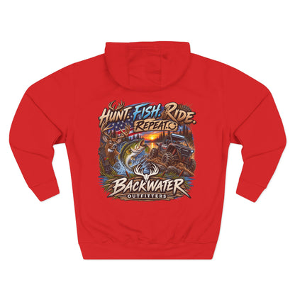 Backwater Outfitters Hoodie — "Hunt Fish Ride Repeat" Outdoor Graphic Pullover