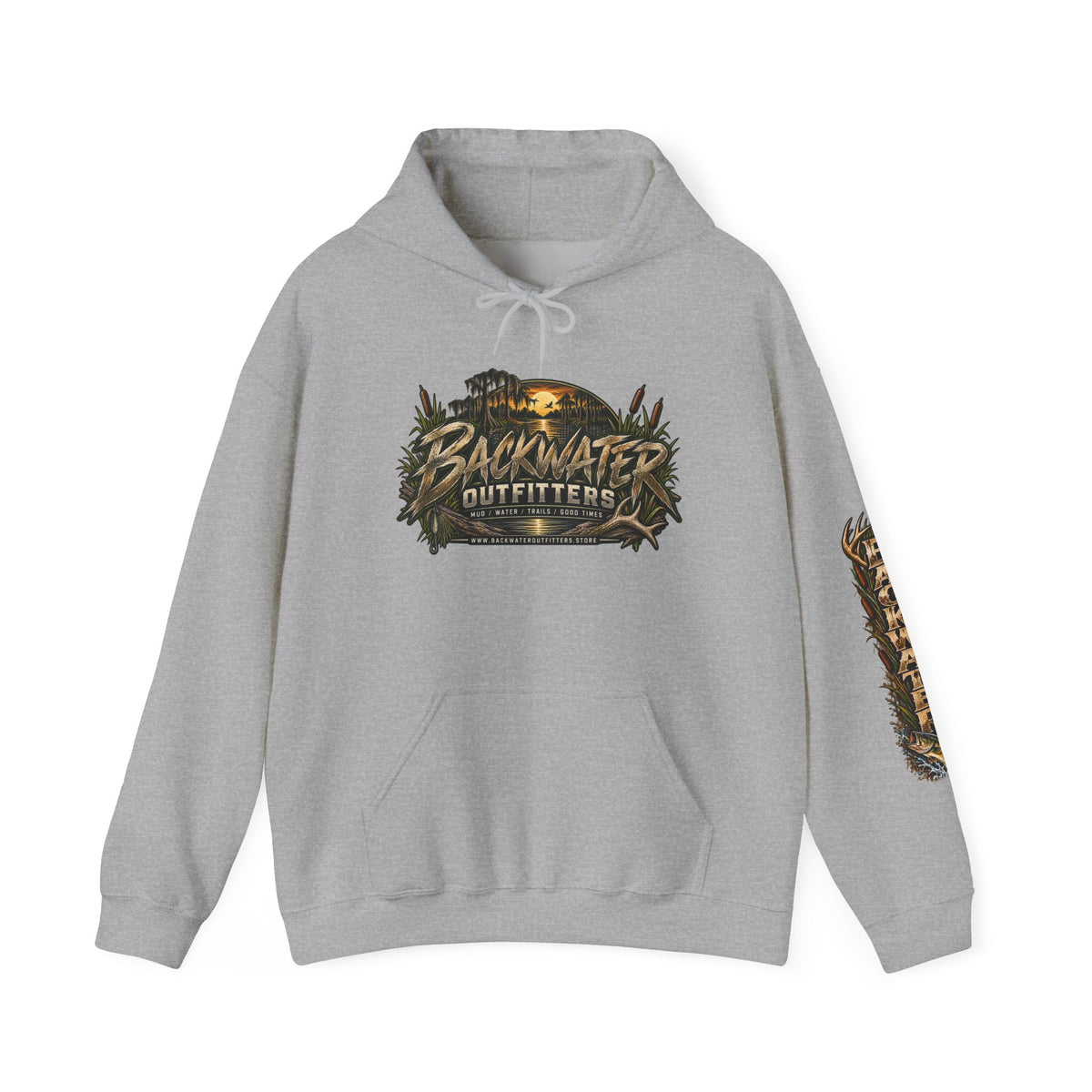 Simply Backwater Outfitters Hoodie — Outdoor Fishing Sunset Graphic Pullover Printify