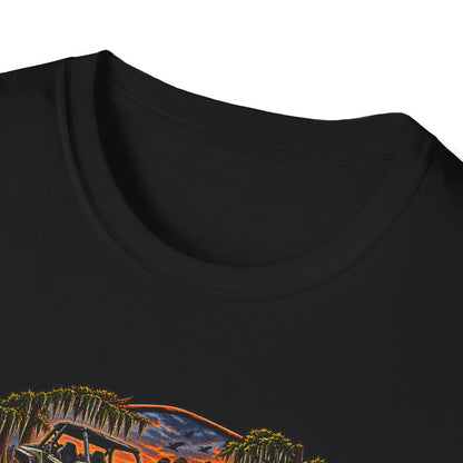 Backwater Outfitters Fishing T‑Shirt — "Raised on Backwater" Bass & Sunset Graphic Printify
