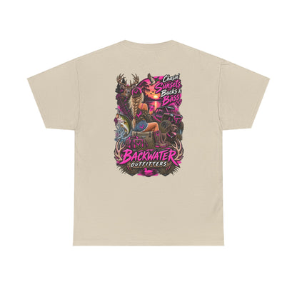 Backwater Outfitters Bass Fishing T‑Shirt — Sunset, Bucks & Bass Graphic Tee