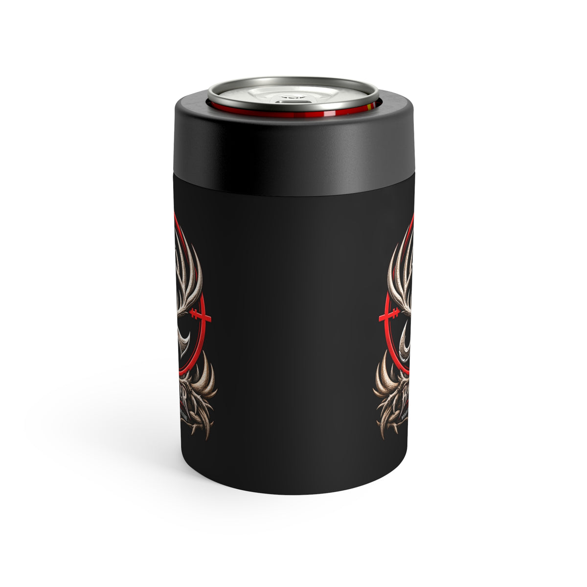 James Luker Can Cooler — Dark Deer Skull with Antlers & Crossed Flags Can Holder Printify