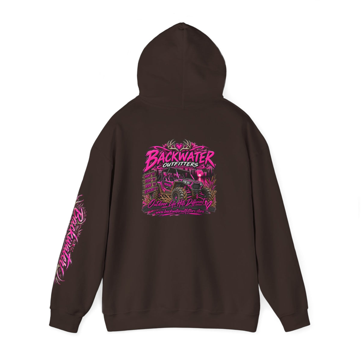 Girl Backwater Outfitters Hoodie — Retro Pink Outdoors Graphic Pullover Printify