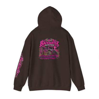 Girl Backwater Outfitters Hoodie — Retro Pink Outdoors Graphic Pullover Printify