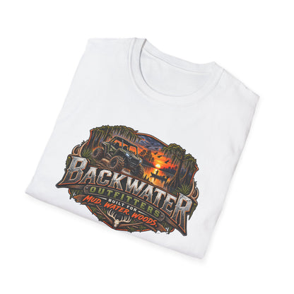 Backwater Outfitters Fishing T‑Shirt — "Raised on Backwater" Bass & Sunset Graphic Printify