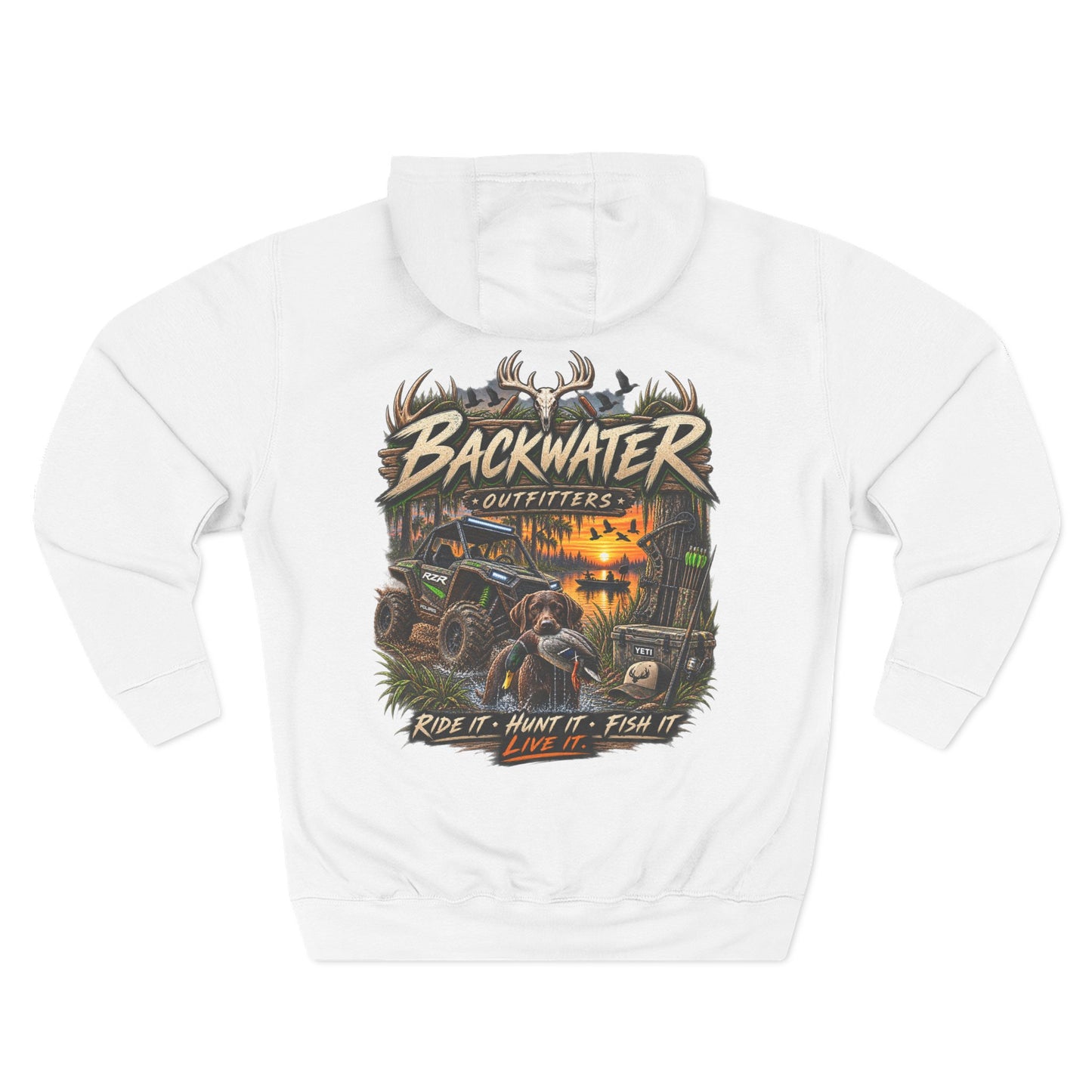 Backwater Outfitters Hoodie — Ride It, Hunt It, Fish It Graphic Pullover