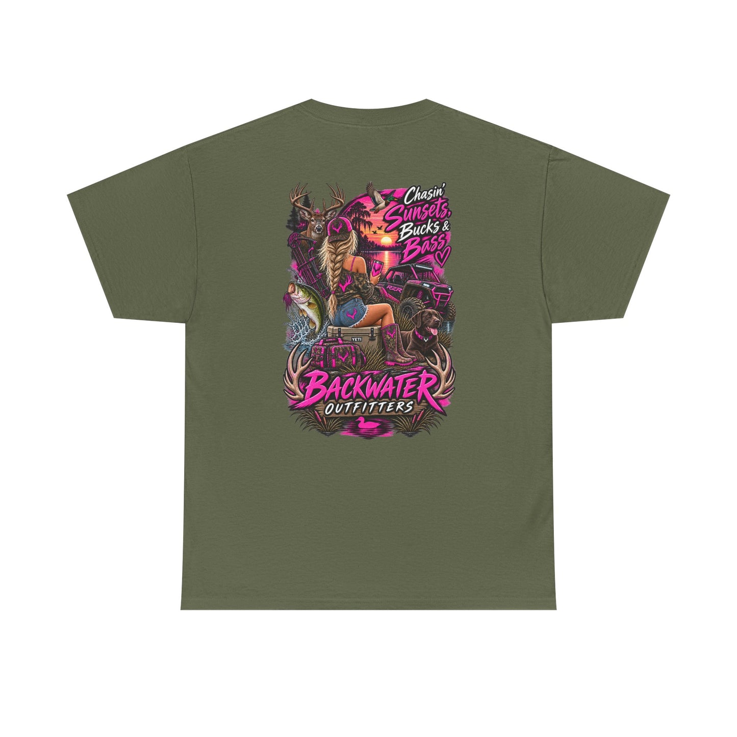 Backwater Outfitters Bass Fishing T‑Shirt — Sunset, Bucks & Bass Graphic Tee
