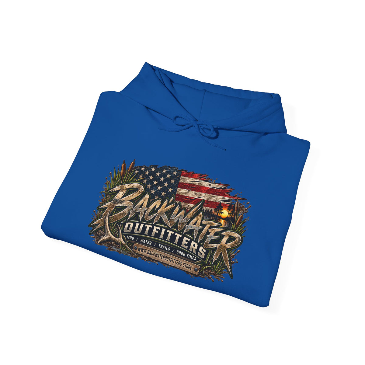 Backwater Outfitters Hoodie — American Flag Outdoor Fishing & Off-Road Pullover Printify