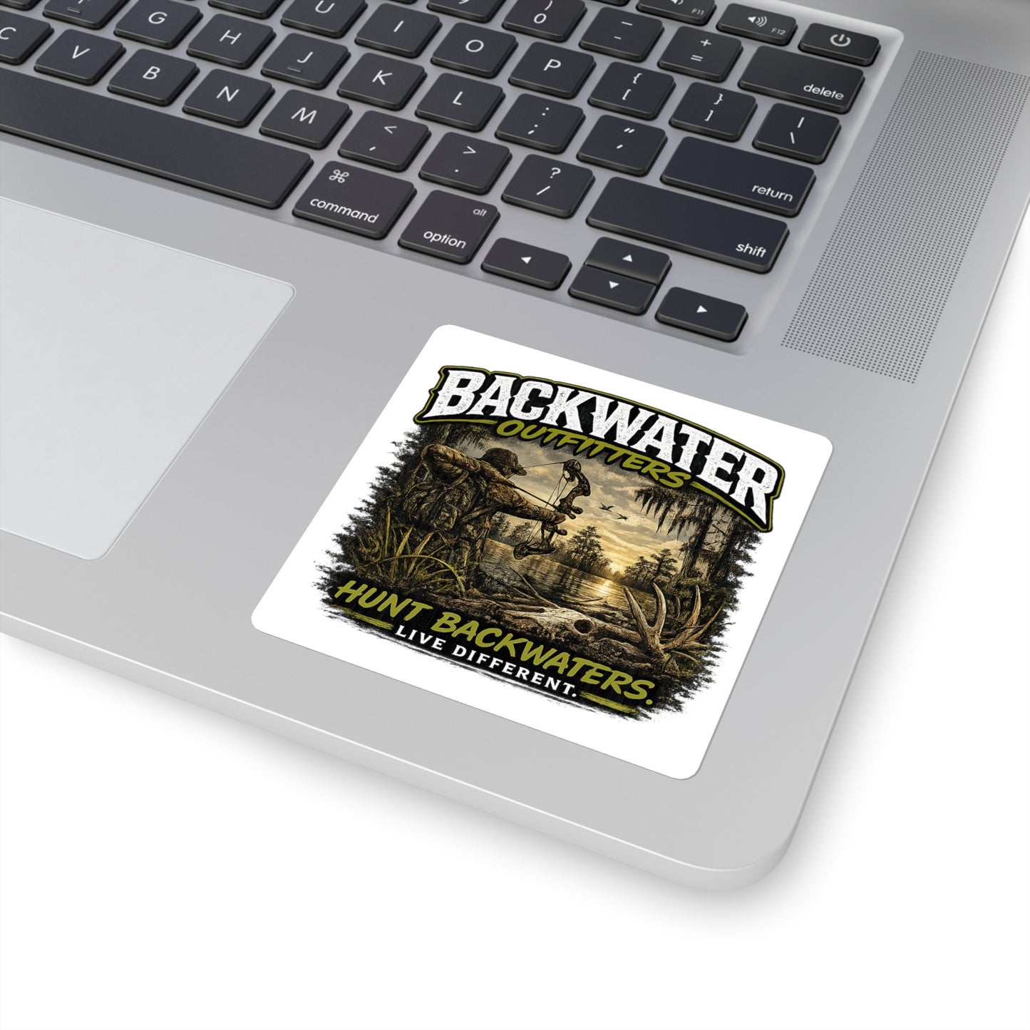Backwater Outfitters Square Sticker — “Hunt Backwaters. Live Different.” Outdoor Hunting Decal