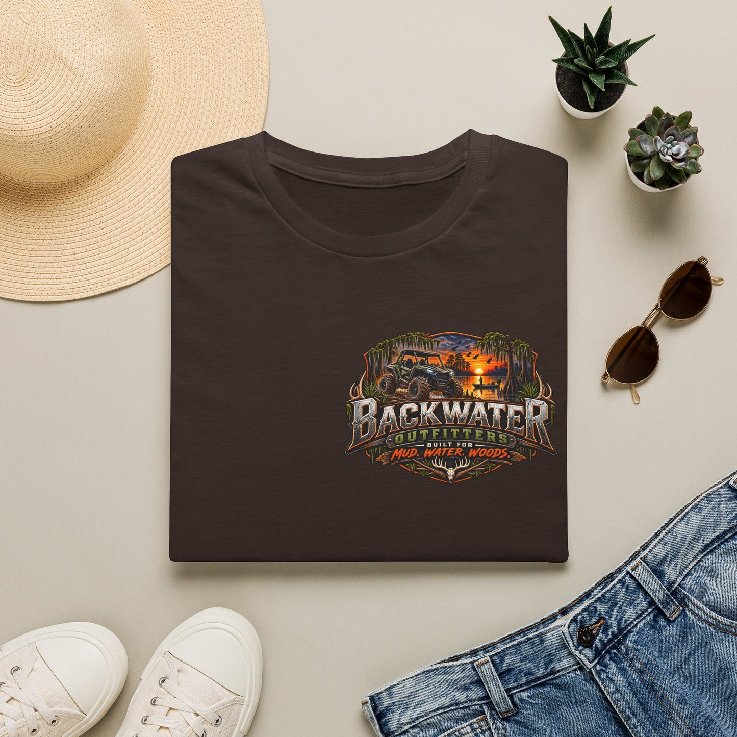 Backwater Outfitters Fishing T-Shirt — Rustic Boat & Campfire Graphic