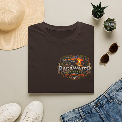 Backwater Outfitters Fishing T-Shirt — Rustic Boat & Campfire Graphic