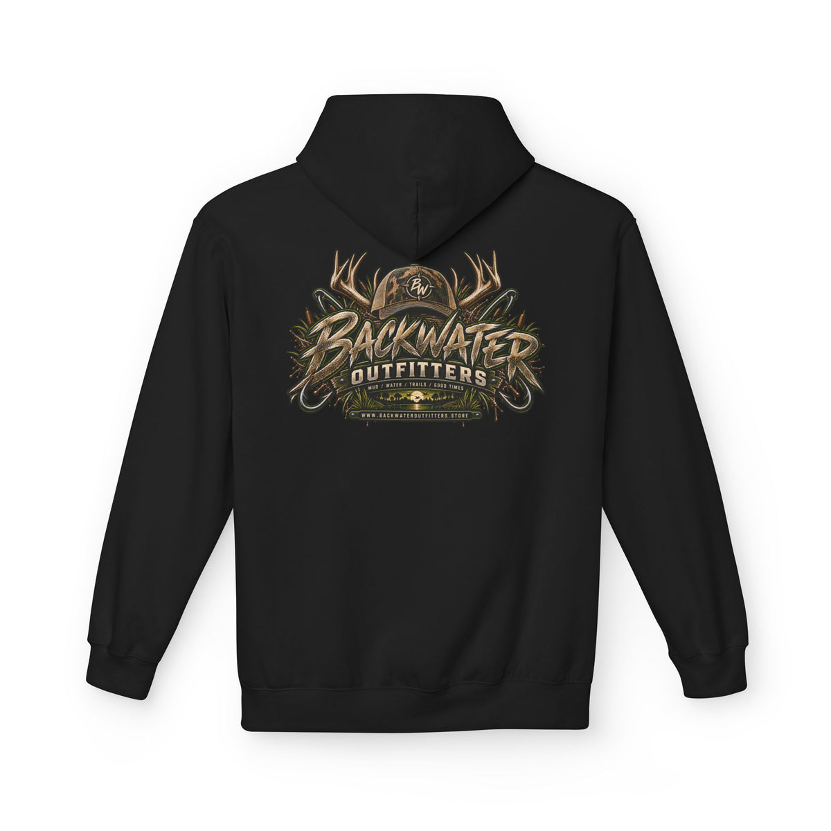 Simply Backwater Outfitters Hoodie — Hunting & Outdoors Antler Logo Pullover Printify