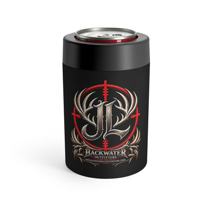 James Luker Can Cooler — Dark Deer Skull with Antlers & Crossed Flags Can Holder Printify