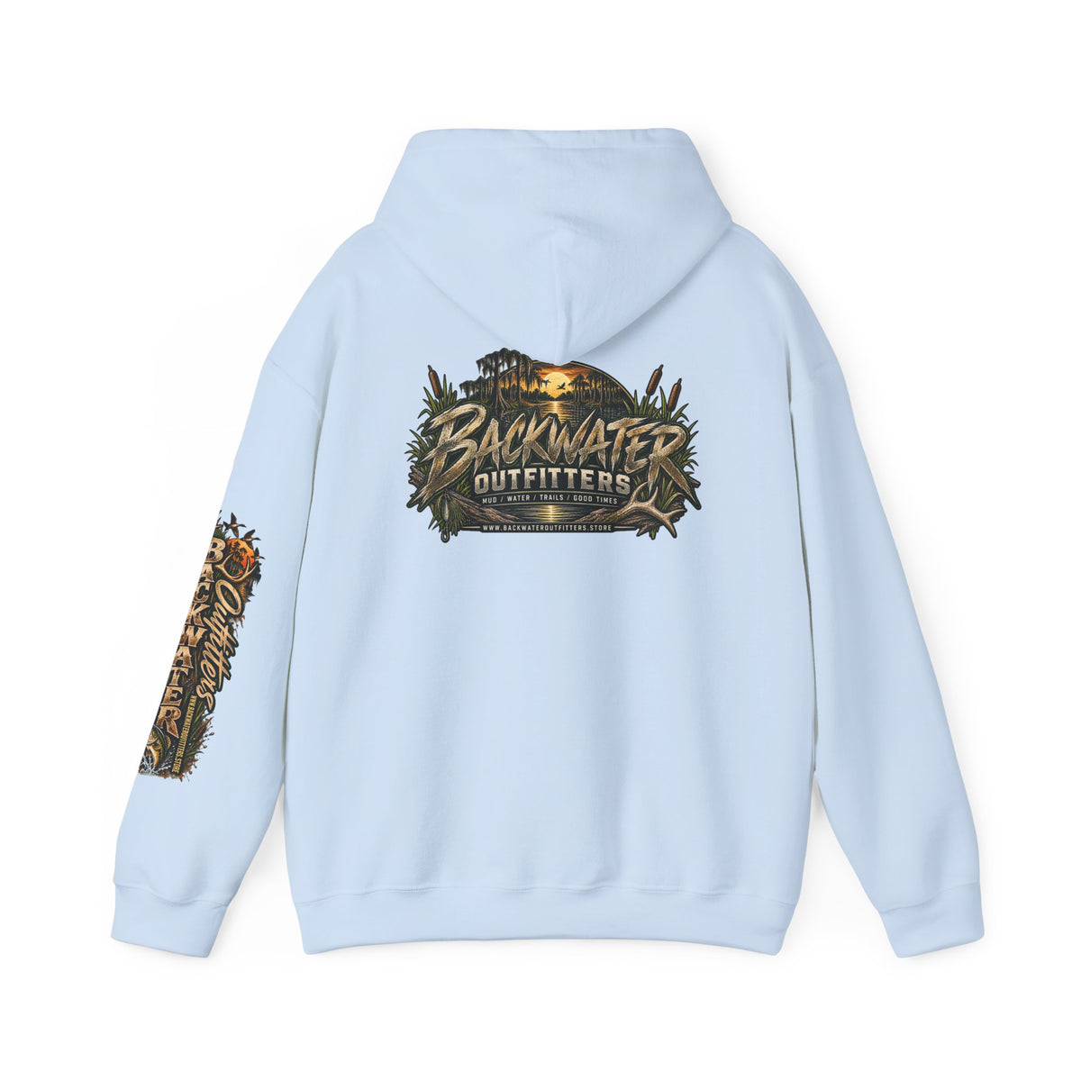 Simply Backwater Outfitters Hoodie — Outdoor Fishing Sunset Graphic Pullover Printify