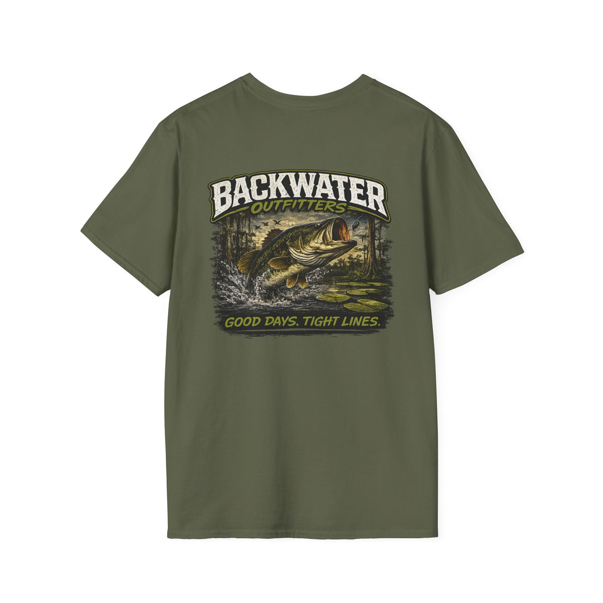 Backwater Outfitters Retro Bass Fishing Logo T-Shirt Printify