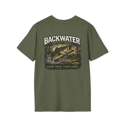 Backwater Outfitters Retro Bass Fishing Logo T-Shirt Printify