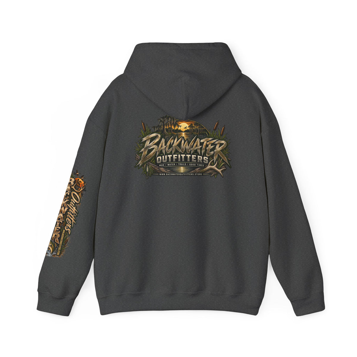 Simply Backwater Outfitters Hoodie — Outdoor Fishing Sunset Graphic Pullover Printify