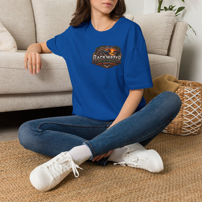 Backwater Outfitters Fishing T-Shirt — Rustic Boat & Campfire Graphic