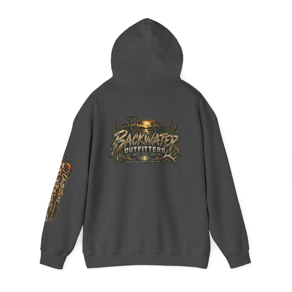 Simply Backwater Outfitters Hoodie — Outdoor Fishing Sunset Graphic Pullover Printify