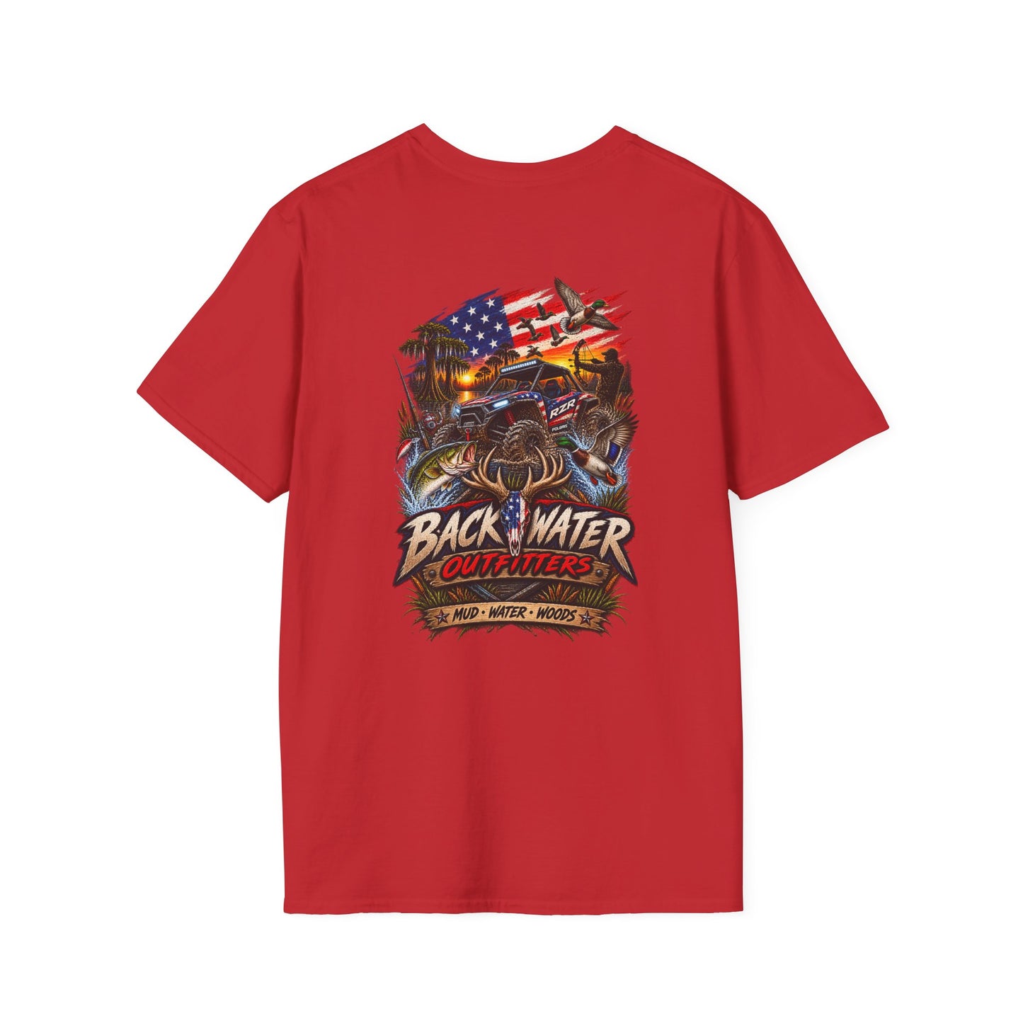 Backwater Bass Fishing T-Shirt — American Flag Boat Graphic Tee