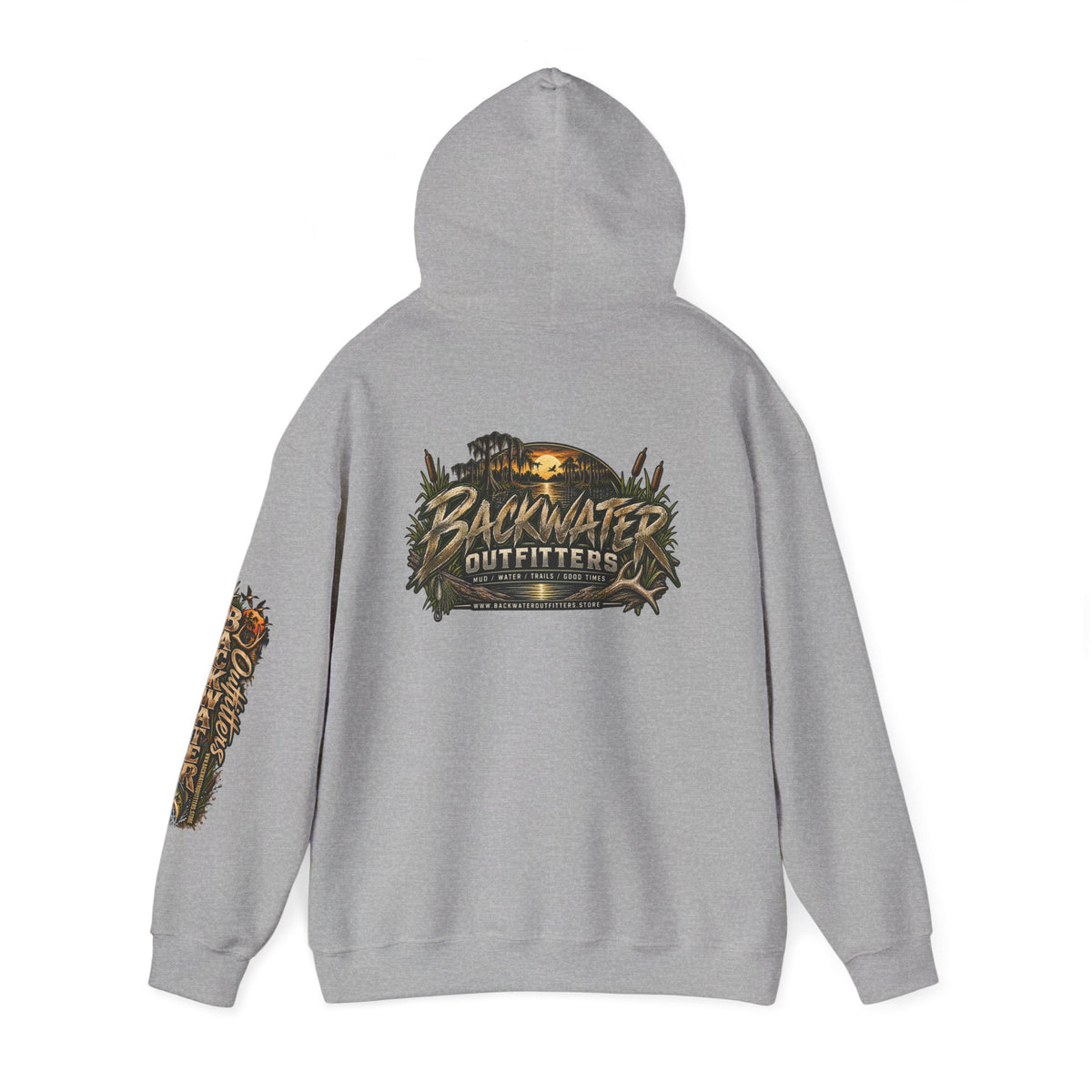 Simply Backwater Outfitters Hoodie — Outdoor Fishing Sunset Graphic Pullover Printify