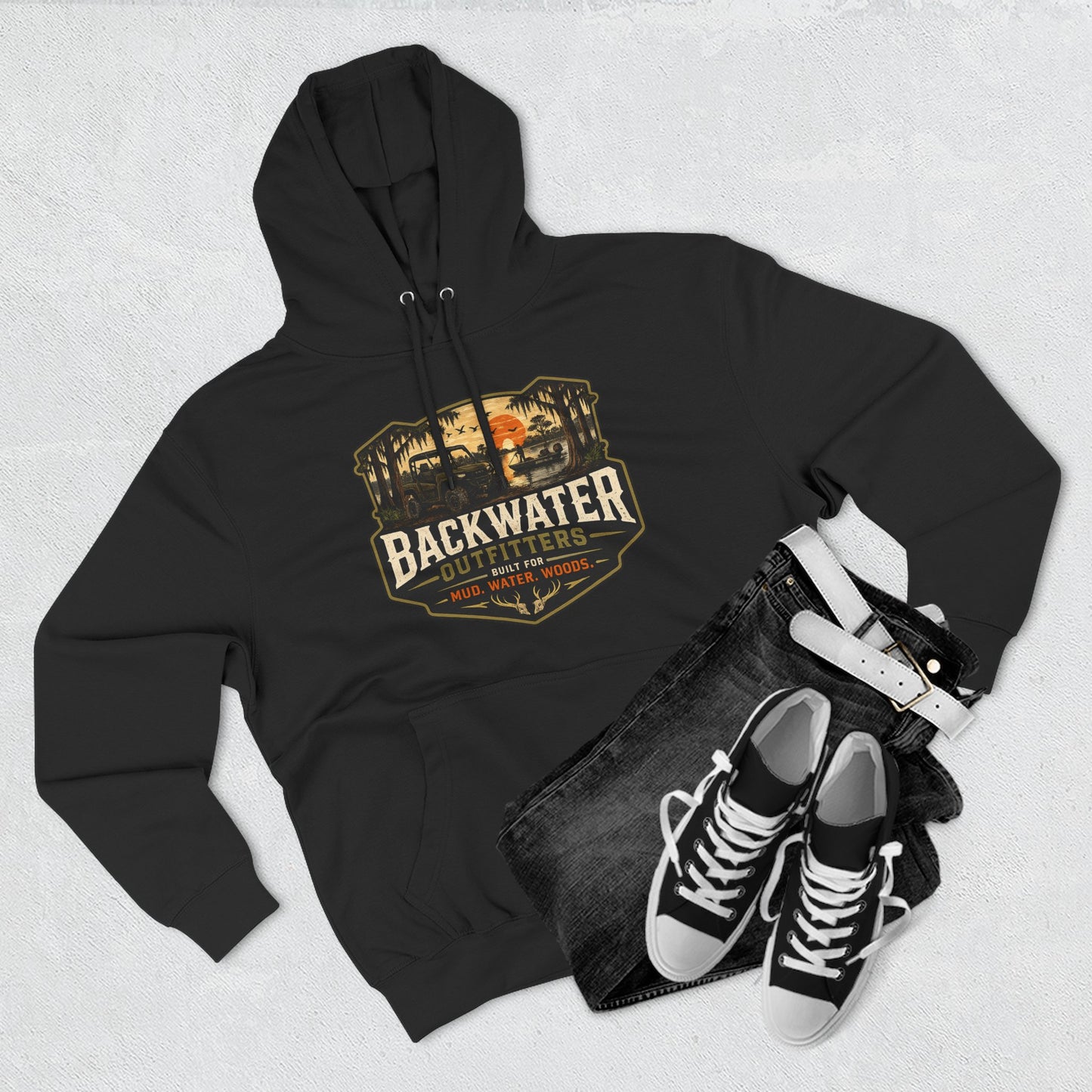 Backwater Outfitters Fishing Hoodie — “My Retirement Plan Has a Trolling Motor” Graphic