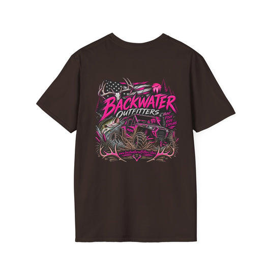 Women Backwater Outfitters Graphic T‑Shirt — Fishing & Outdoors Retro Logo Printify