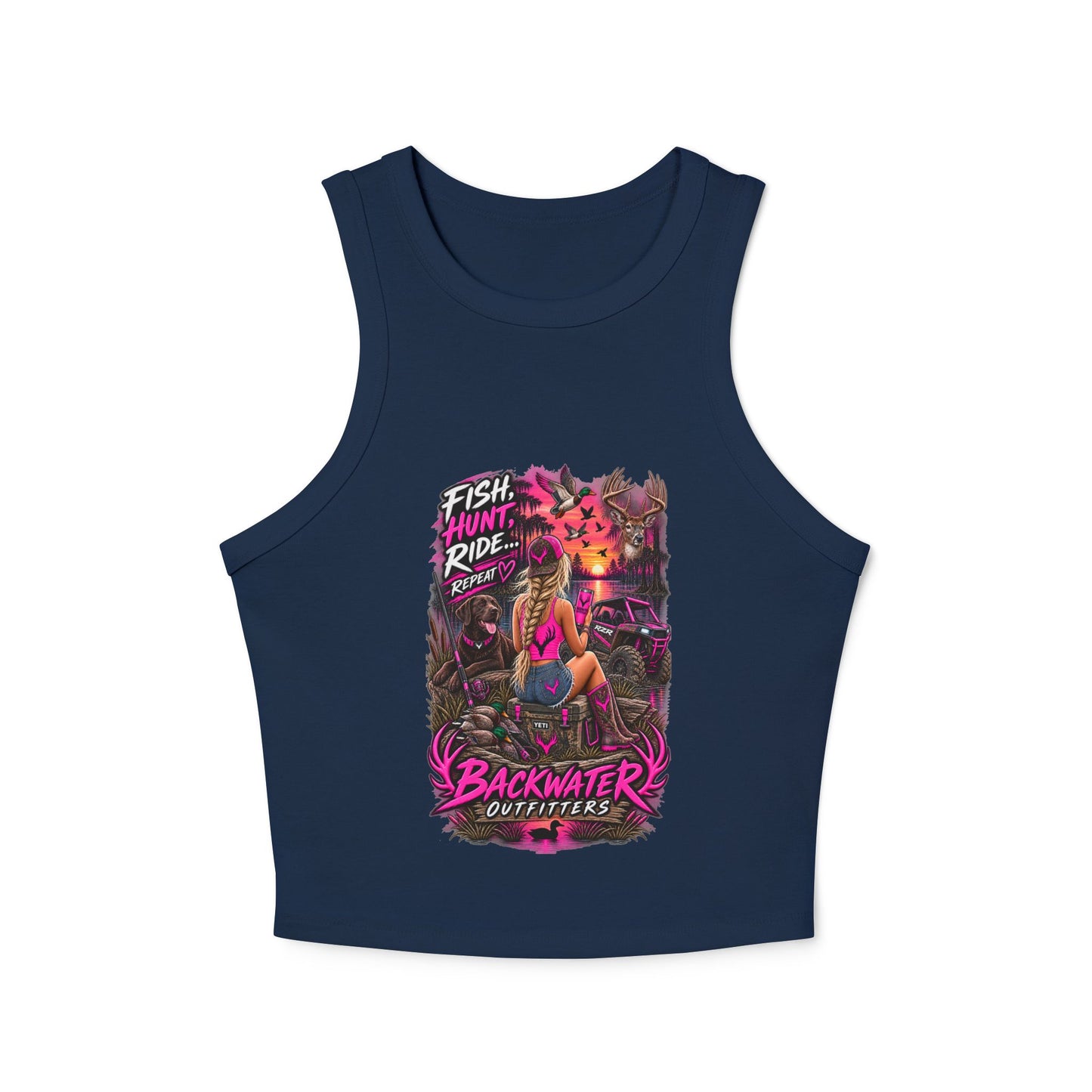 Backwater Outfitters Fish Hunt Ride Tank — Women's Graphic Racer Crop Top
