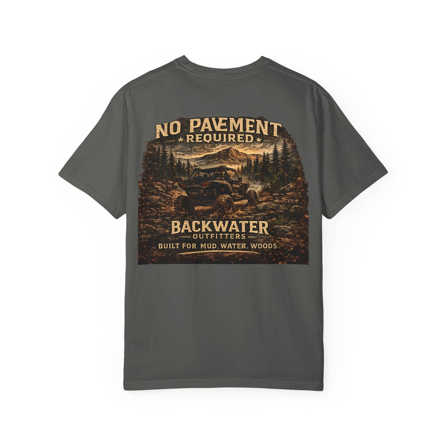 Backwater Outfitters T-Shirt — “No Pavement Required” Off-Road Adventure Tee