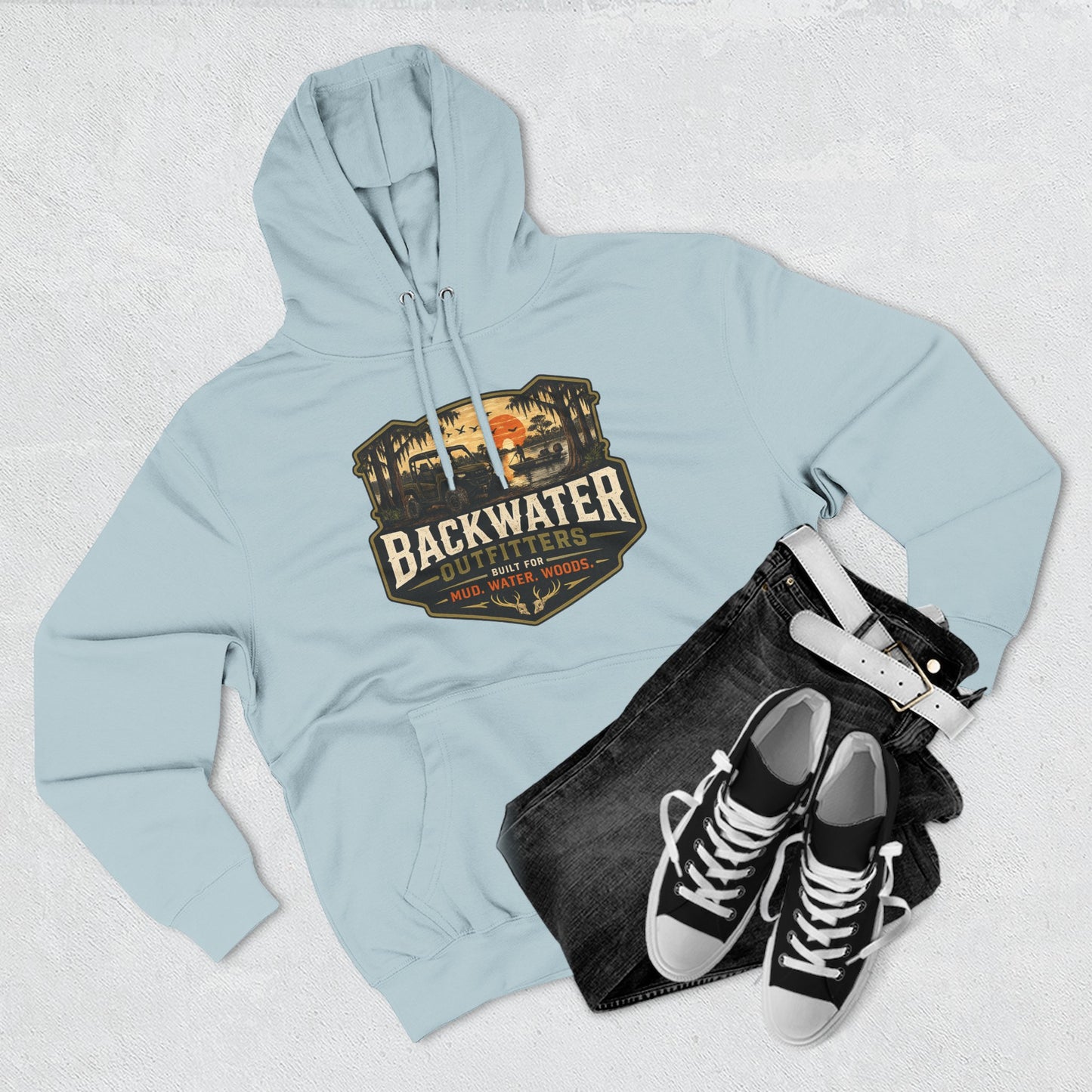 Backwater Outfitters Fishing Hoodie — “My Retirement Plan Has a Trolling Motor” Graphic