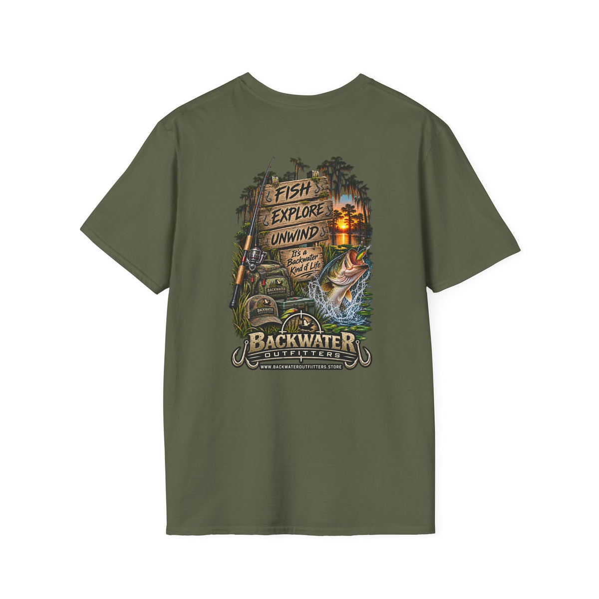 Backwater Fishing T-Shirt — "Fish Explore Unwind" Outdoor Angler Tee Printify