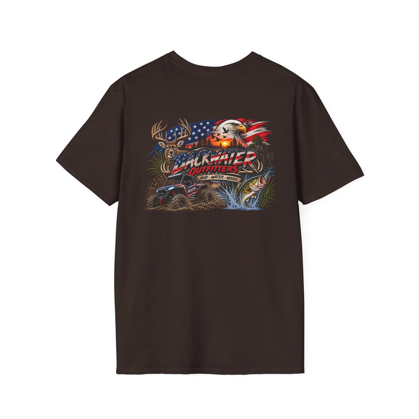 Backwater Outfitters Fishing T-Shirt — American Flag Bass Graphic