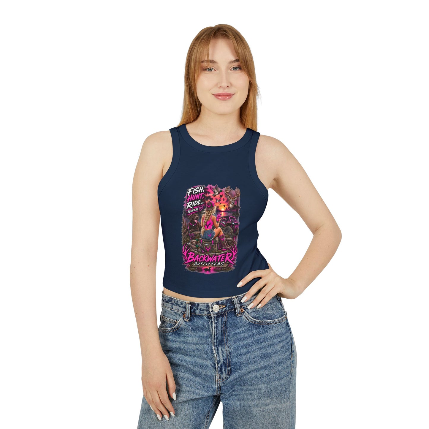 Backwater Outfitters Fish Hunt Ride Tank — Women's Graphic Racer Crop Top