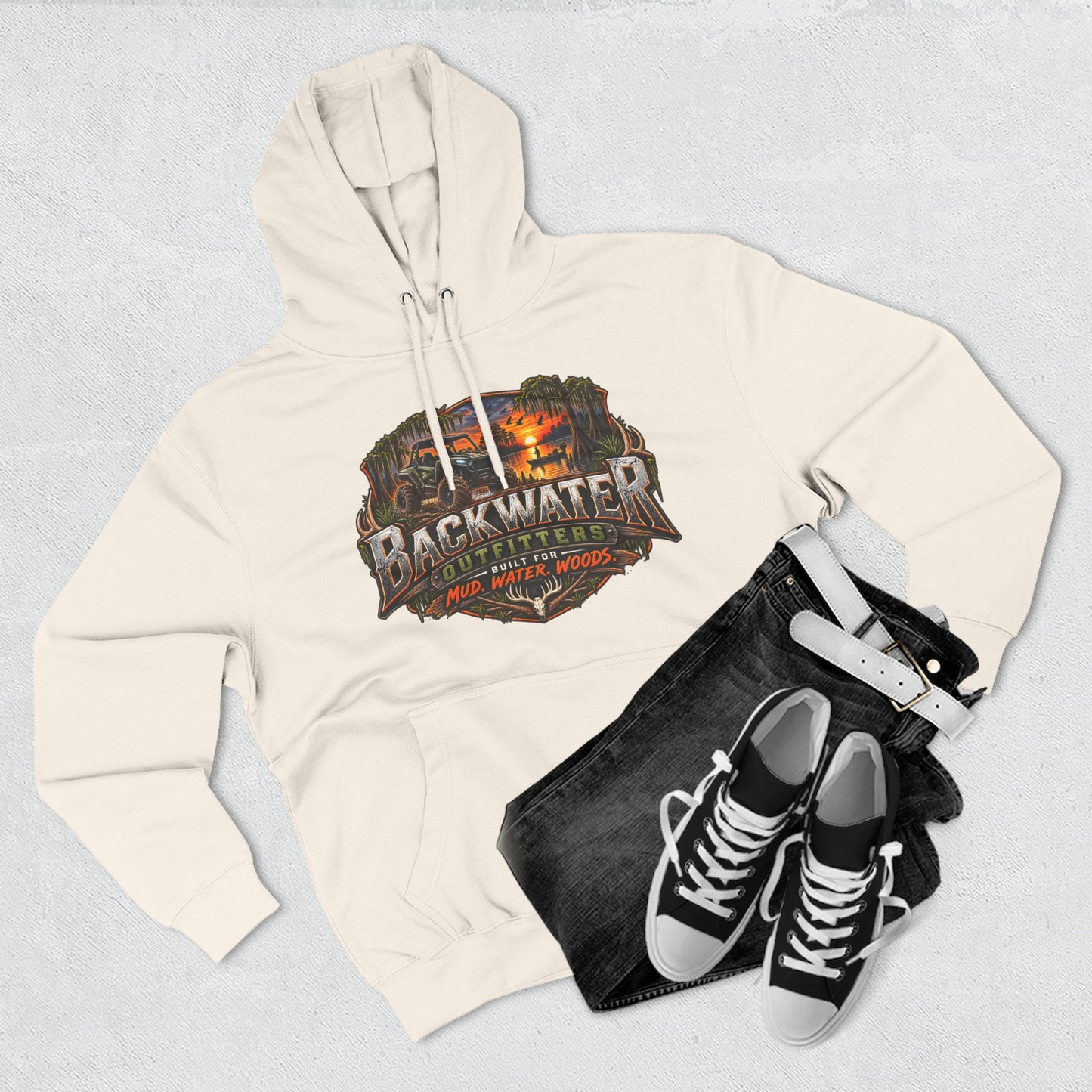 Backwater Outfitters Hoodie — Ride It, Hunt It, Fish It Graphic Pullover