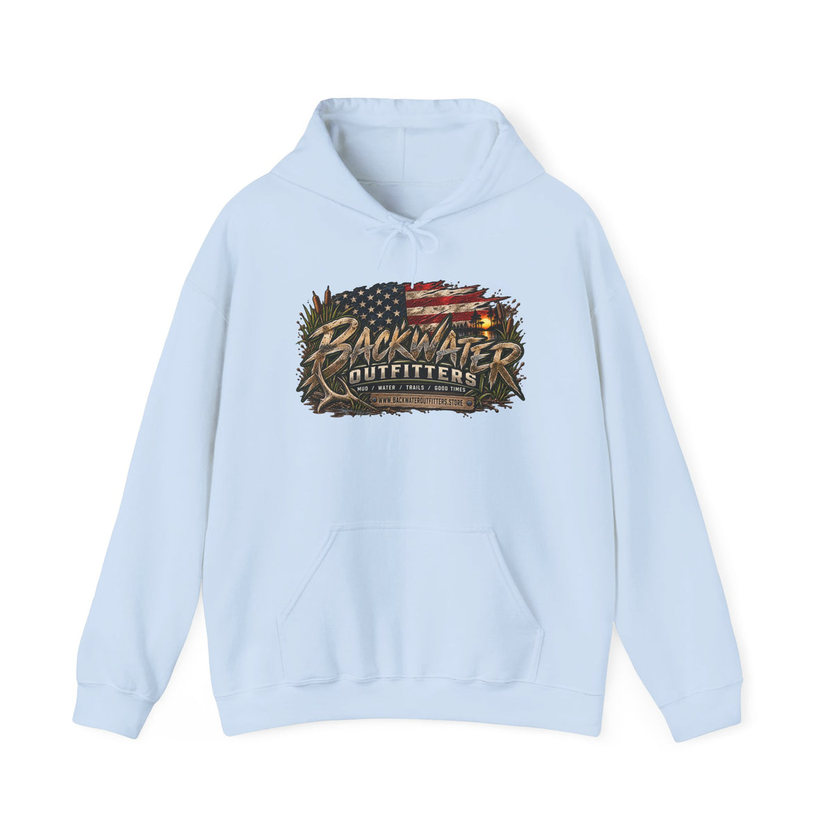 Backwater Outfitters Hoodie — American Flag Outdoor Fishing & Off-Road Pullover Printify