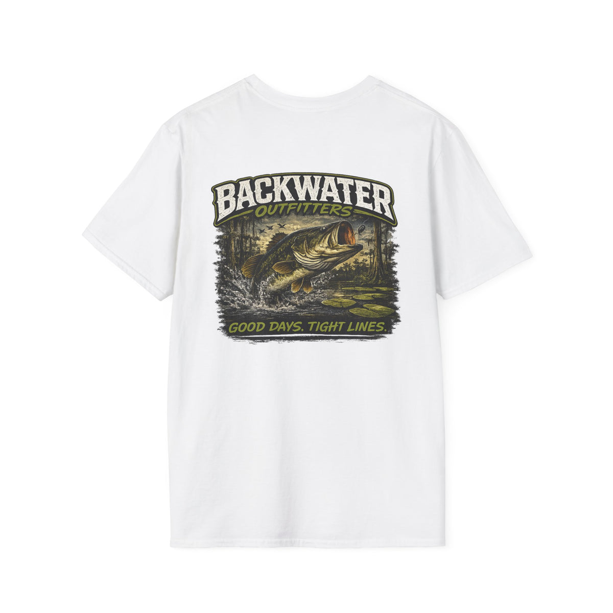 Backwater Outfitters Retro Bass Fishing Logo T-Shirt Printify