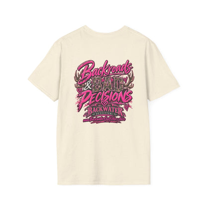 Women T-Shirt — "Backwater & Bad Decisions" Graphic Tee (Pink Palm Beach Vibes) Printify